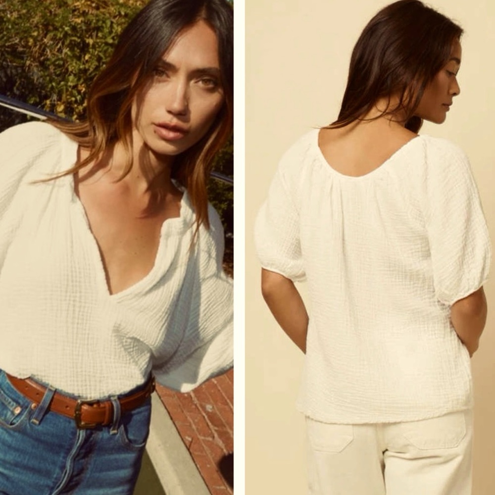 NATION LTD Short Sleeve Off White Cotton Gauze Top Boho Cream Blouse